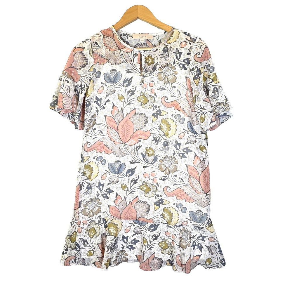 LOFT‎ Petites Floral Metallic Lurex Shimmer Flutter Sleeve Ruffle Dress XSP